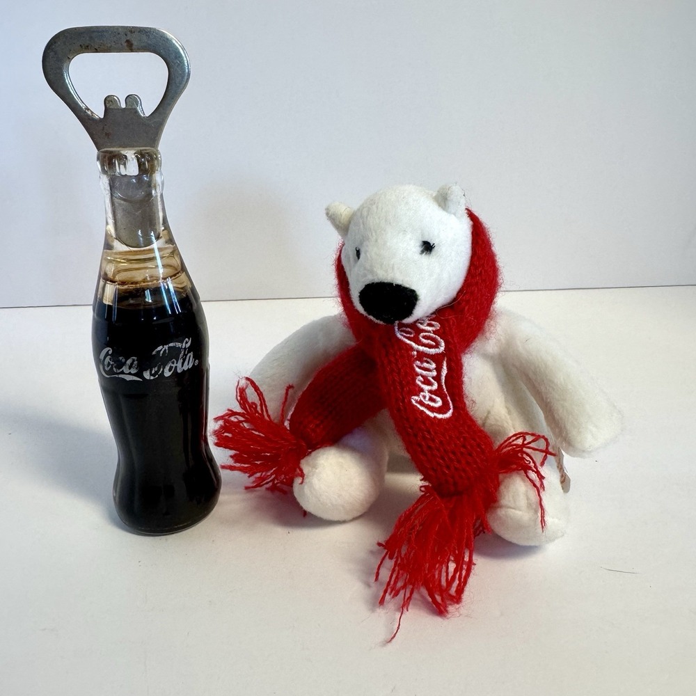 Vtg COCA-COLA Plush Polar Bear & Liquid Filled Soda Bottle Opener